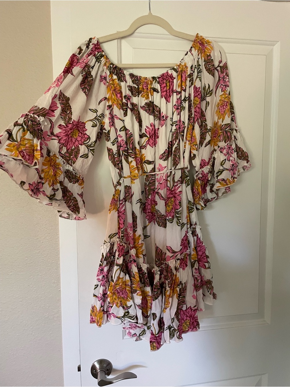 Bluivy White Floral Off-Shoulder Dress with Pink & Yellow Blooms